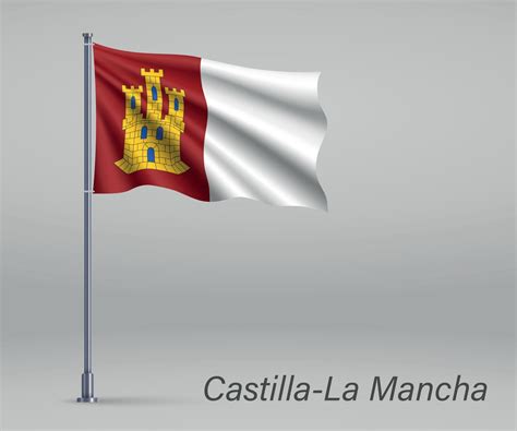 Waving Flag Of Castilla La Mancha Region Of Spain On Flagpole