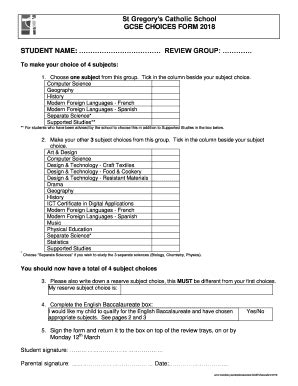 Fillable Online St Gregory S Catholic School GCSE CHOICES FORM 2018