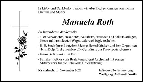 Traueranzeigen Von Manuela Roth Augsburger Allgemeine Zeitung