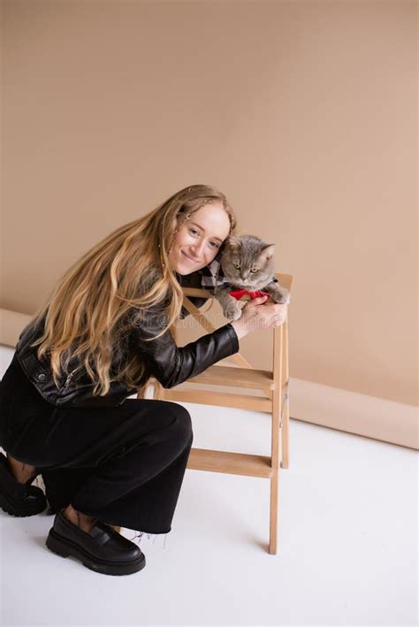 Woman Blonde With Scottish Straight Cat At Studio Stock Photo Image Of Style Sitting