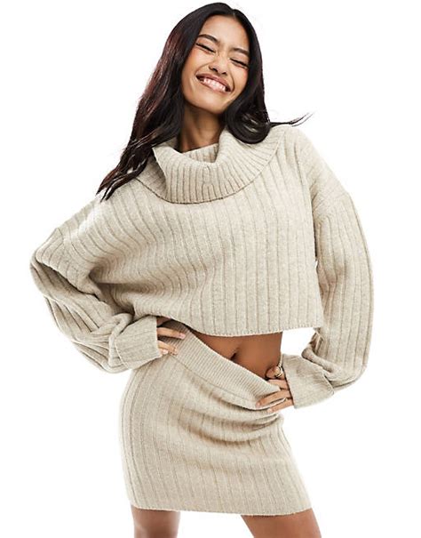 Miss Selfridge Rib Chunky Cowl Neck Jumper Co Ord In Oatmeal Asos