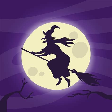 Premium Vector The Shadow Of A Witch Riding A Broomstick In The Full