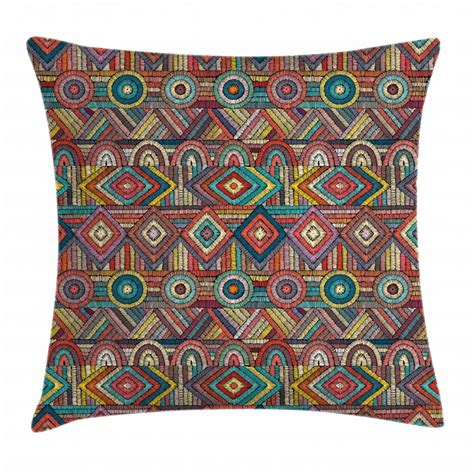 Aztec Throw Pillow Cushion Cover Vibrant Folk Embroidery Style Cultural Geometric Stitch Hand