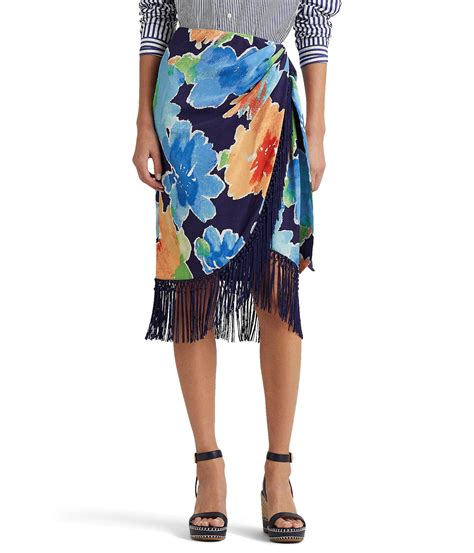 Lauren By Ralph Lauren Fringe Trim Floral Crepe Skirt In Blue Lyst