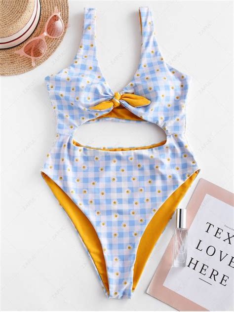 [30 Off] 2021 Zaful Daisy Checkered Tied High Leg Monokini Swimsuit In