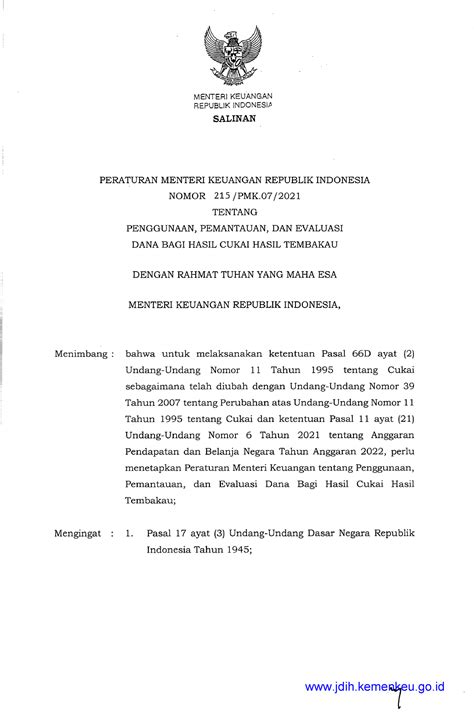 215 PMK 07 2021 Dbhcht MENTERIKEUANGAN REPUBLIK INDONESIP SALINAN