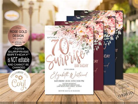 Surprise 70th Birthday Invitations For Women Rose Gold Floral Surprise