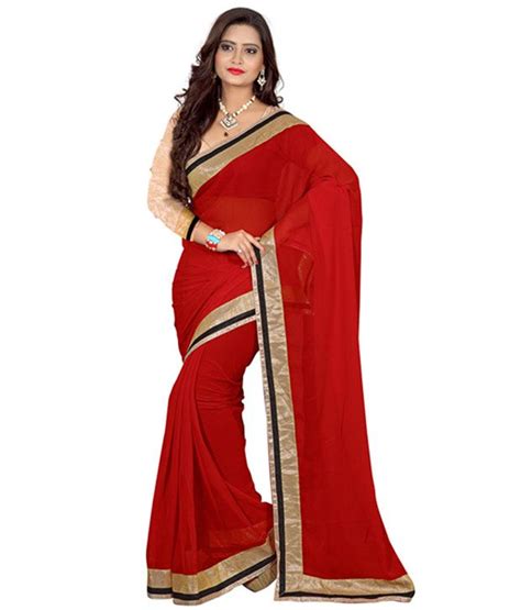 Jay Ambe Red Semi Chiffon Saree Buy Jay Ambe Red Semi Chiffon Saree