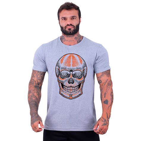 Camiseta Tradicional Masculina Manga Curta Mxd Conceito Caveira Sorris