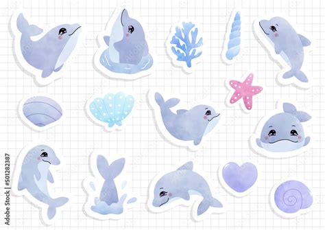 cute dolphin, dolphin sticker sheet and scrapbook Stock Vector | Adobe ...