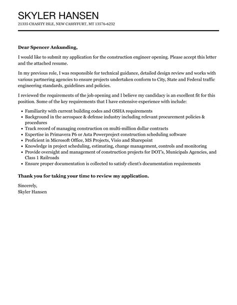 Construction Engineer Cover Letter Velvet Jobs