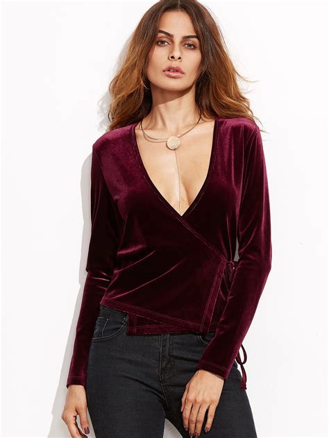 Plunging V Neckline Velvet Wrap Top Shein Sheinside