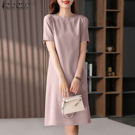 Zanzea Korean Style Women S Dresses Elegant Short Sleeve O Neck Soild