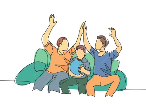 Premium Vector | One line drawing of fans siting on sofa and watching