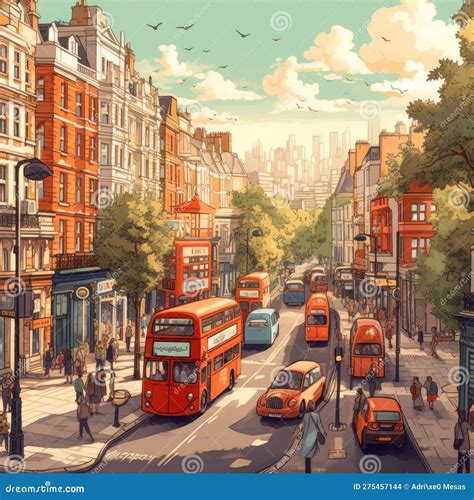 A London Painting Of Double Decker Buses On A City Street Stock