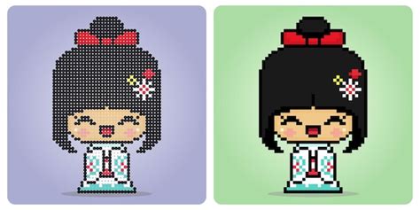 Personaje de 8 bits de píxeles las mujeres usan un vestido de kimono