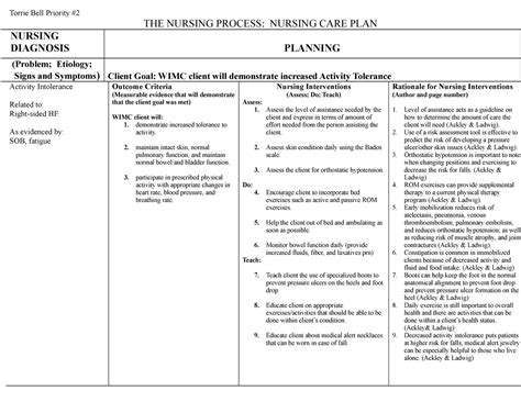 Activity Intolerance Care Plan Torrie Bell Priority The Nursing