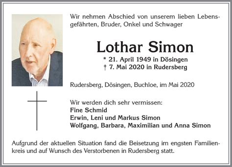 Traueranzeigen Von Lothar Simon Augsburger Allgemeine Zeitung