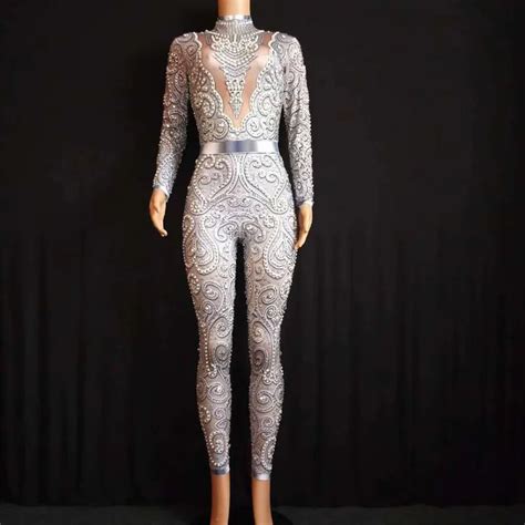 2019 Sparkly Crystals Jumpsuit Women Sexy Nude Leggings Bodysuit Costume Dance Stage Wear Female