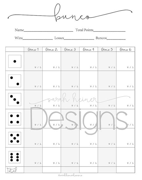 Bunco Score Sheet 6 Games Black and White 8.5 X 11 Instant Download ...