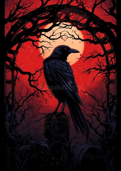 Gothic Raven Perched In A Dark Red Crimson Moonlit Forest Halloween