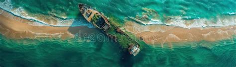 Aerial View Of A Shipwreck On Tropical Beach With Turquoise Waters And