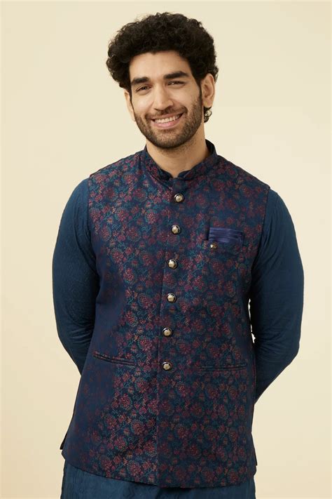 Buy Navy Blue Floral Patterned Half Jacket Online In India Manyavar