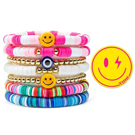 Y1tvei 7Pcs Heishi Surfer Bracelets Set Colorful Preppy Happy Smile