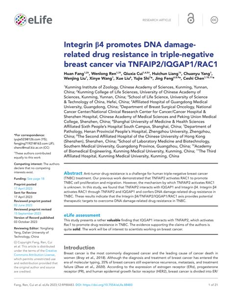 PDF Integrin β4 promotes DNA damage drug resistance in triple