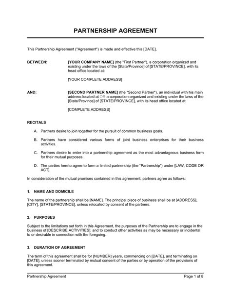 Free Business Partnership Agreement Template South Africa Printable