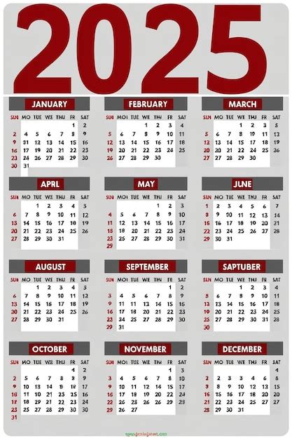 Simple Vertical New Year 2025 English Calendar Template Plan And