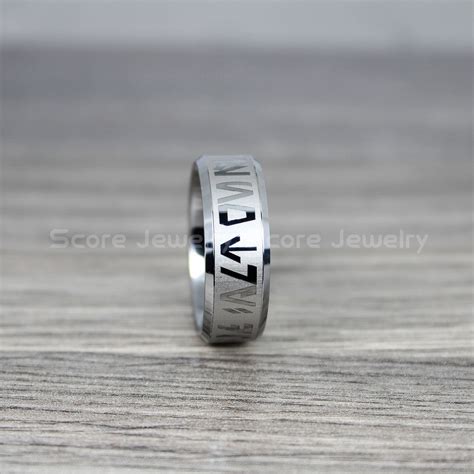 Aurebesh Ring Silver Tungsten Band With Beveled Edge Aurebesh Etsy