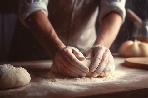 Premium Ai Image Bread Preparation Hands Kneading Dough On Table