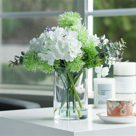 Enova Home Mixed Artificial Silk Hydrangea And Greenery Fake Floral Arrangement In Clear Glass