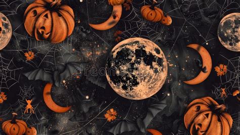 Halloween Themed Wallpaper With Pumpkins Bats Moons And Spider Webs