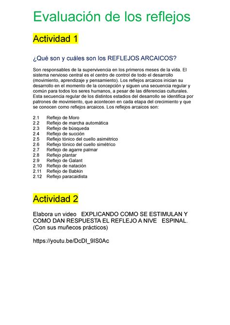 S S Tarea De La Semana Reflejos Evaluaci N De Los Reflejos