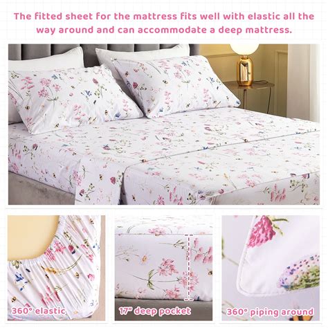 QSH Floral Bed Sheets Set King Size Shabby Flower Bee Print Bed Sheet