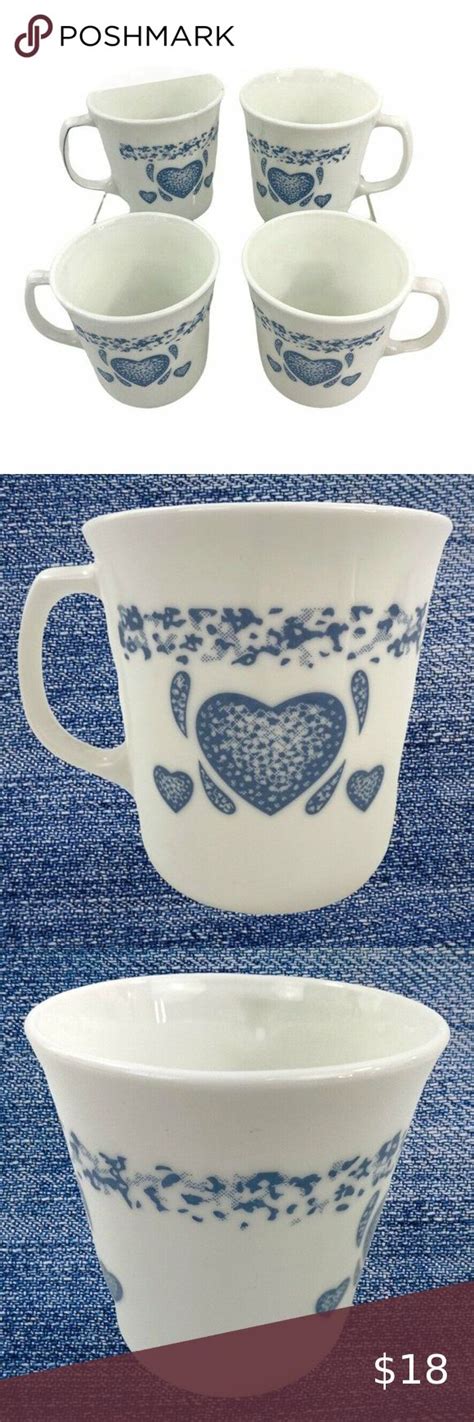 Corelle Set Of Coffee Tea Mugs Blue Hearts White Blue Flowers