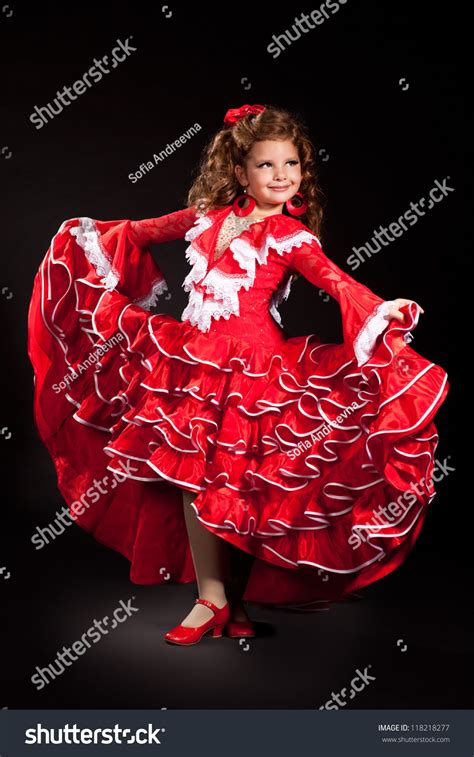 Toddler Little Girl Dancing Flamenco In Traditional Spanish Red Dress