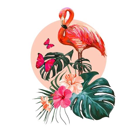 Belle Illustration Vectorielle Exotique Florale Avec Flamant Rose