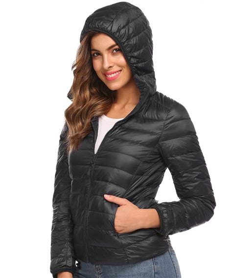 Womens Packable Ultra Light Weight Hooded Short Down Jacket Black