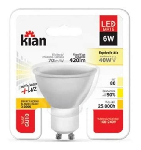 Lâmpada De Led Dicroica Mr16 Gu10 6w Bivolt 3000k Kian Mercado Livre