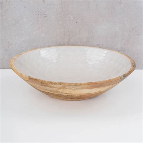 Schüssel 35cm Mango Holz Creme Perlmutt Emaille Schale Bowl