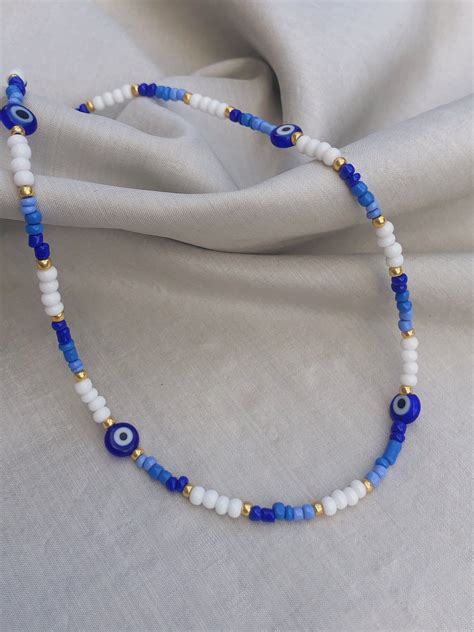 Blue Evil Eye Necklace Evil Eye Choker Blue Beaded Necklace Seed Bead