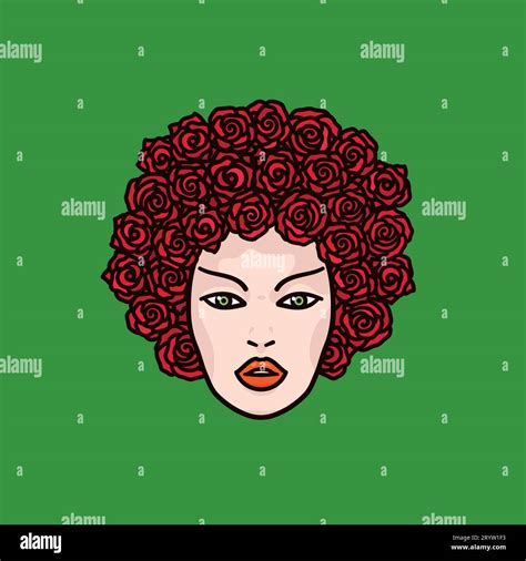 Face Of Beautiful Woman With Red Rose Flowers As Her Hair Vector