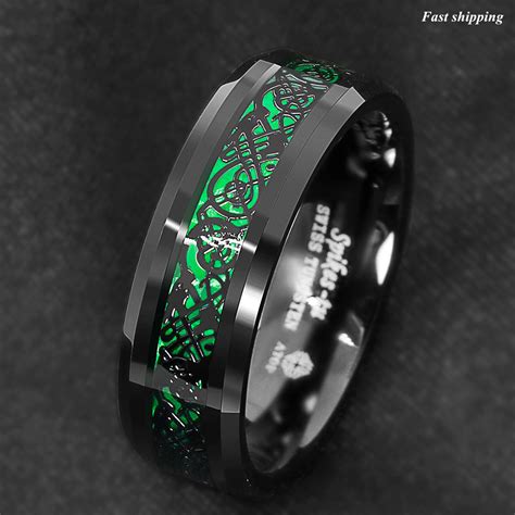 8mm Tungsten Ring Black Celtic Dragon Green Carbon Fiber ATOP Mens