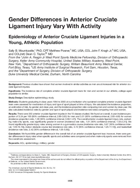 Pdf Gender Differences In Anterior Cruciate Ligament Injury Vary With