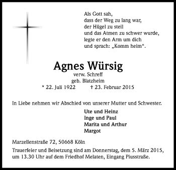 Traueranzeigen von Agnes Würsig WirTrauern