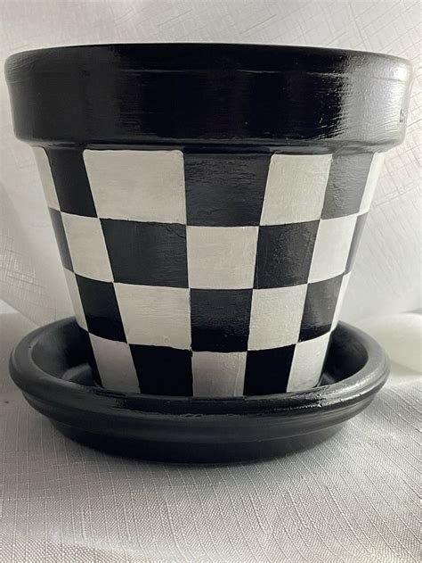 Black And White Checkered Hand Painted Flower Pot Plant Lover Flower