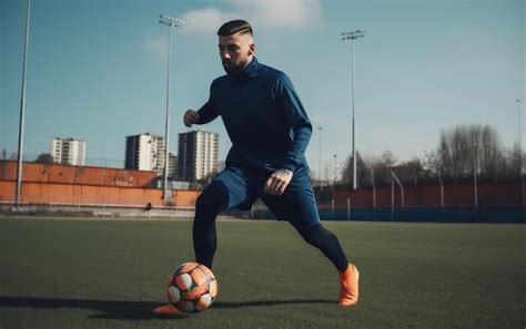 Un Giocatore Di Calcio Dribbling Un Pallone Da Calcio Sul Campo Calcio